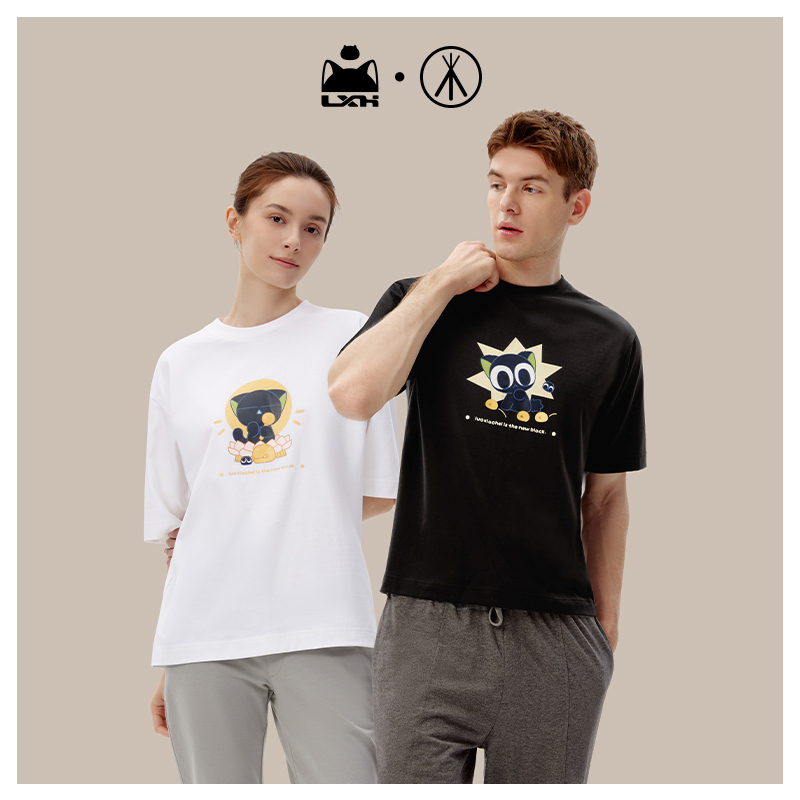 Luo Xiaoblack Joint] Three-gun T-shirt for men and women in summer New products All cotton elastic smooth and round collar couples