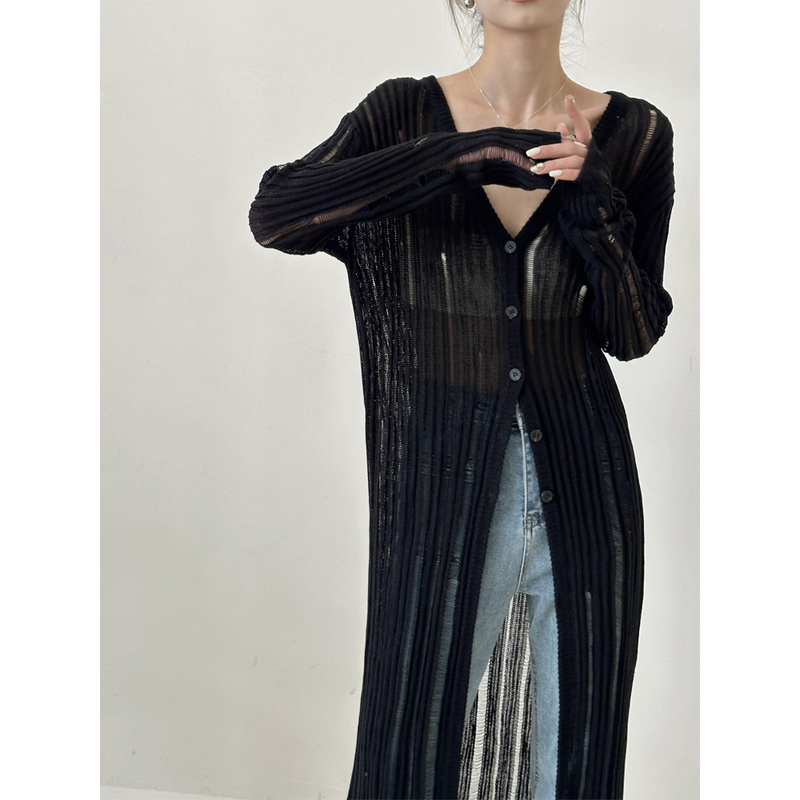 High-End V-Neck Ice Silk Knitted Cardigan for Women, Black Long Style, Slim Fit, Hollow-Out Jacket, Thin Sun Protection Cover-Up High-End V-Neck Ice Silk Knitted Cardigan for Women, Black Long Style, Slim Fit, Hollow-Out Jacket, Thin Sun Protection Cover-Up