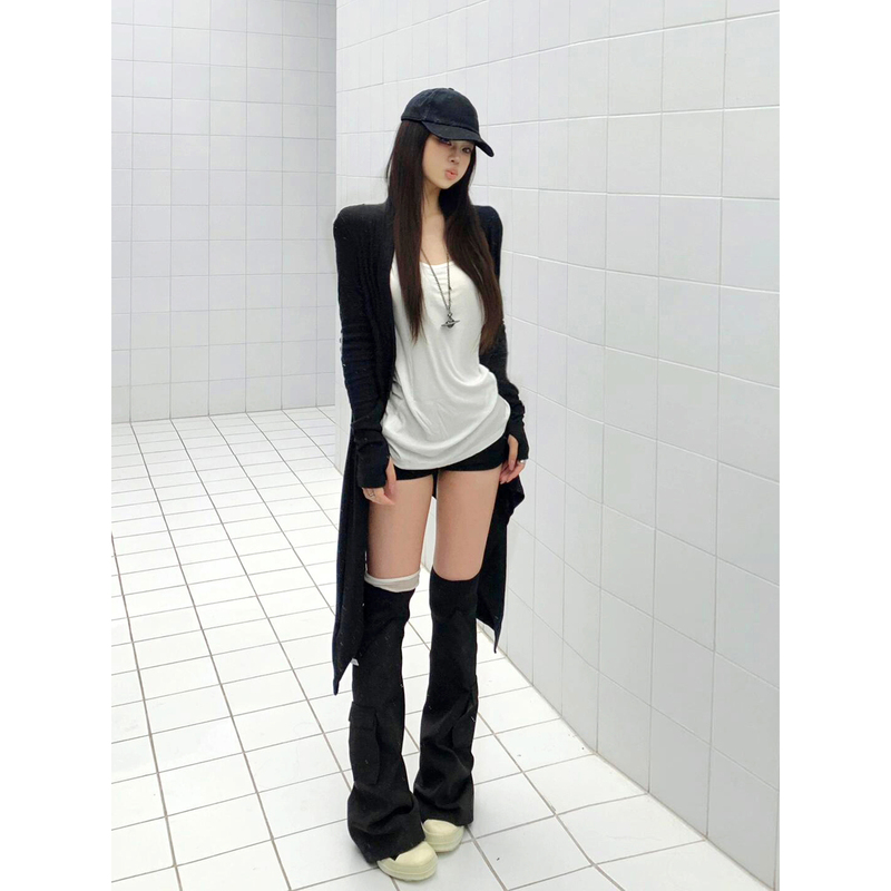 Black Paper-Thin Irregular Knit Cardigan, Long Sun-Protective Shawl, Loose-Fitting Slimming Long-Sleeve Thin Coat