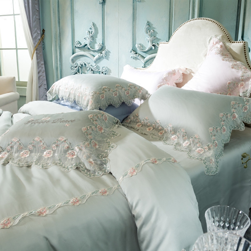 French lace 80 pieces tencel four-piece set ice silk naked sleeping European style court princess style embroidery 1 8m wedding bed set - Taobao