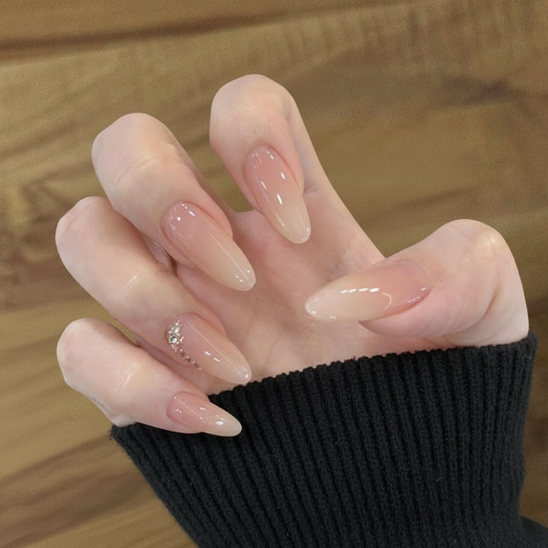 Handmade Nude Color Rhinestone Press-On Nails Almond Shape 2026 New Style Medium-Long Length High-End Feel for Wedding Photos