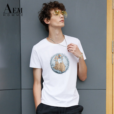 AEM男短袖t恤潮流2018夏季修身青年圆领印花男士个性体恤潮男上衣