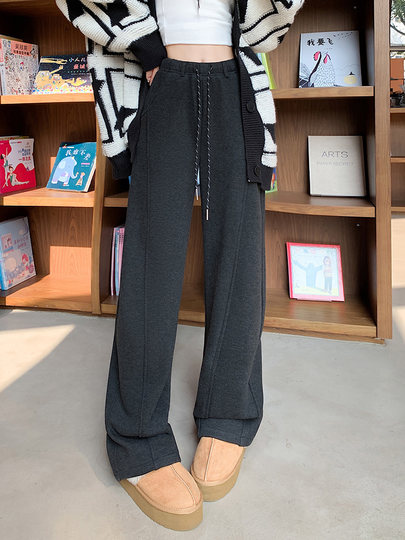 香蕉裤女秋冬款黑灰毛呢宽松垂感加绒加厚保暖阔腿镰弯刀运动卫裤