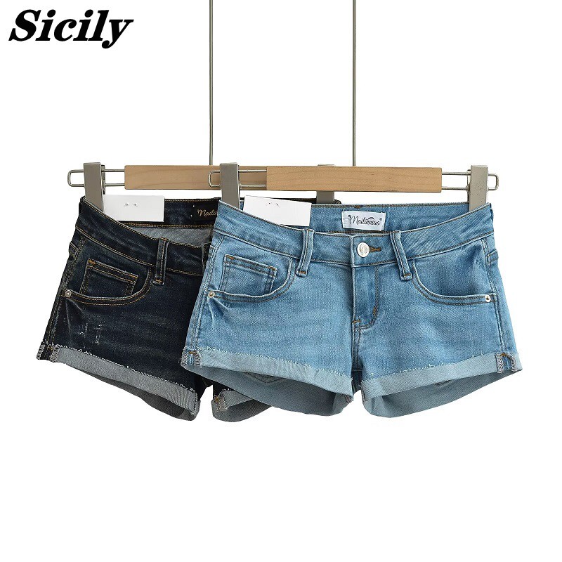 Sicily Low-Rise American-Style Tight Denim Shorts Sexy Summer Y2K Hot Girl Wide-Leg Rolled Hem Hot Pants Women's Fashion
