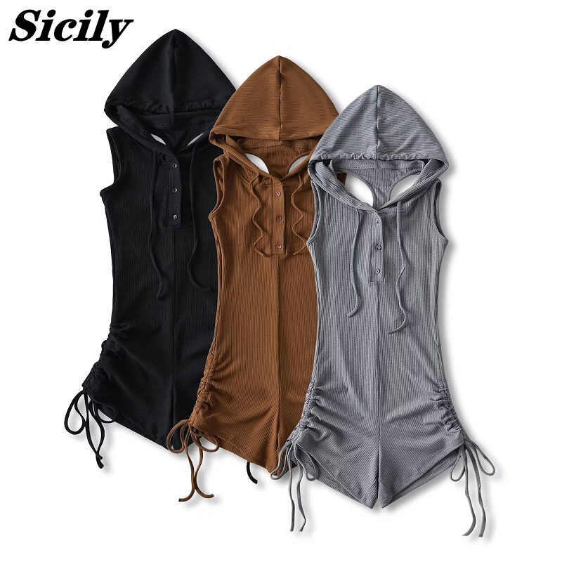 Sicilian Wasteland Style Design Sleeveless Backless Hooded Jumpsuit for Women, European and American Style Hot Girl Elastic Shorts