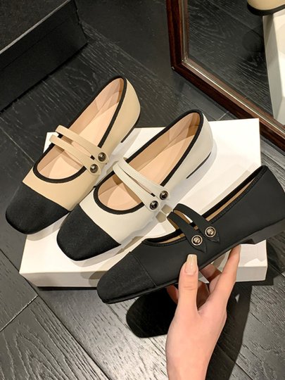 西喜自制 法式复古小香风拼色玛丽珍鞋女2024新款一字带方头单鞋