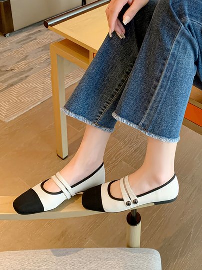 西喜自制 法式复古小香风拼色玛丽珍鞋女2024新款一字带方头单鞋