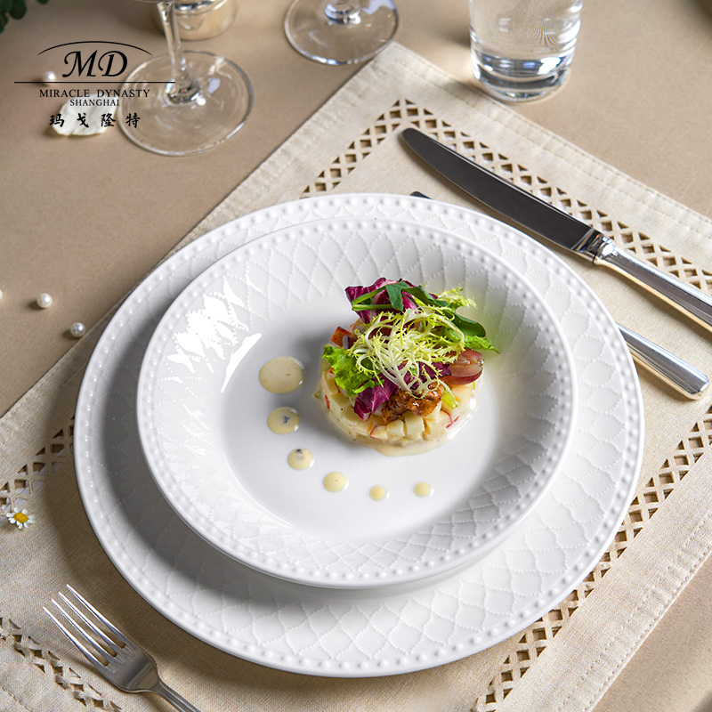 Magalonte pure white underglaze relief bone china household tableware set dishes high-end high-value gift box packaging