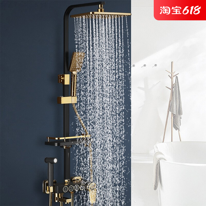 Full copper black shower head thermostatic golden bathroom lifting shower with shower wall-mounted square number of shower faucet sleeves