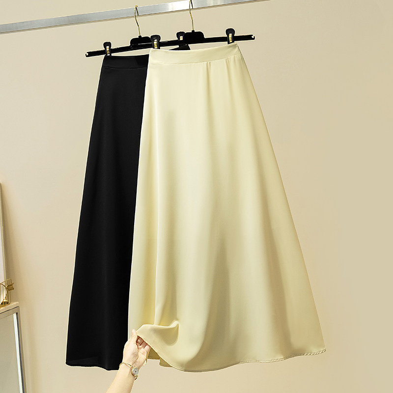 Satin Yellow Half Body Dress Woman Summer New Temperament A Character Dress Medium Long Version Woman High Waist Display Slim Skirt Large Swing Umbrella Skirt
