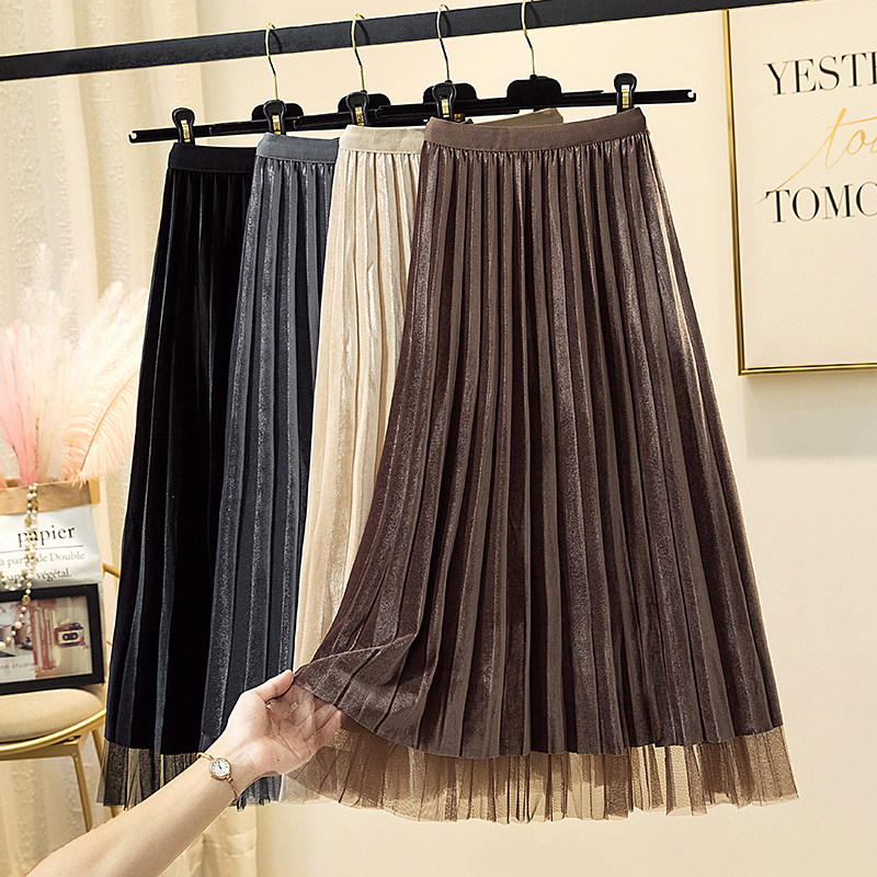 Two sides wearing gold velvet mesh skirt female in autumn winter long high waist A-character skirt with a cool style dress