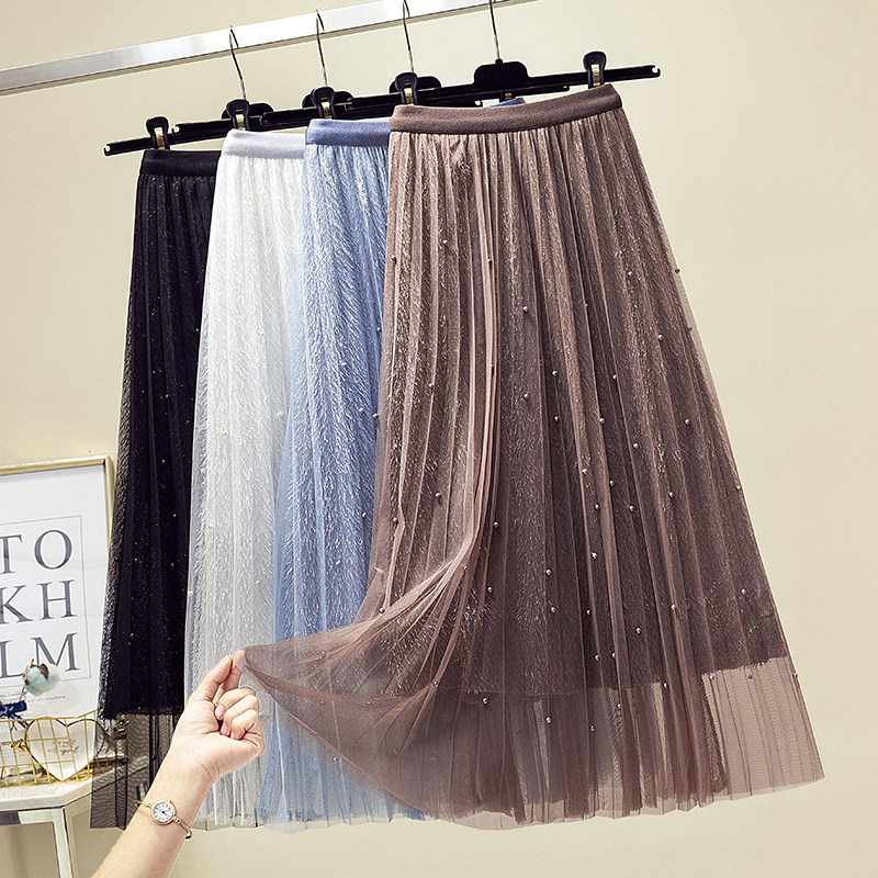 Nail Beads Mesh Veil Half Body Dress Woman SLIM PLEADING DRESS MEDIUM LONG VERSION HIGH WAIST A CHARACTER DRESS AUTUMN WINTER ADVANCED SENSIAN DRESSES DRESSES DRESSES