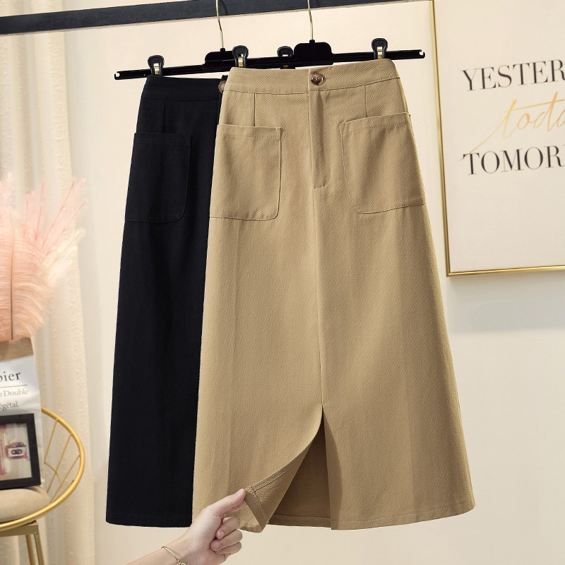 Pocket all-match skirt 2022 spring and autumn high waist a-line skirt fashion slit mid-length slim hip-covering one-step skirt