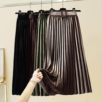 Golden Velvet Skirt Womens Early Spring Long Slim A- line dress High-waisted Skirt Joker Temperament Pleated Skirt