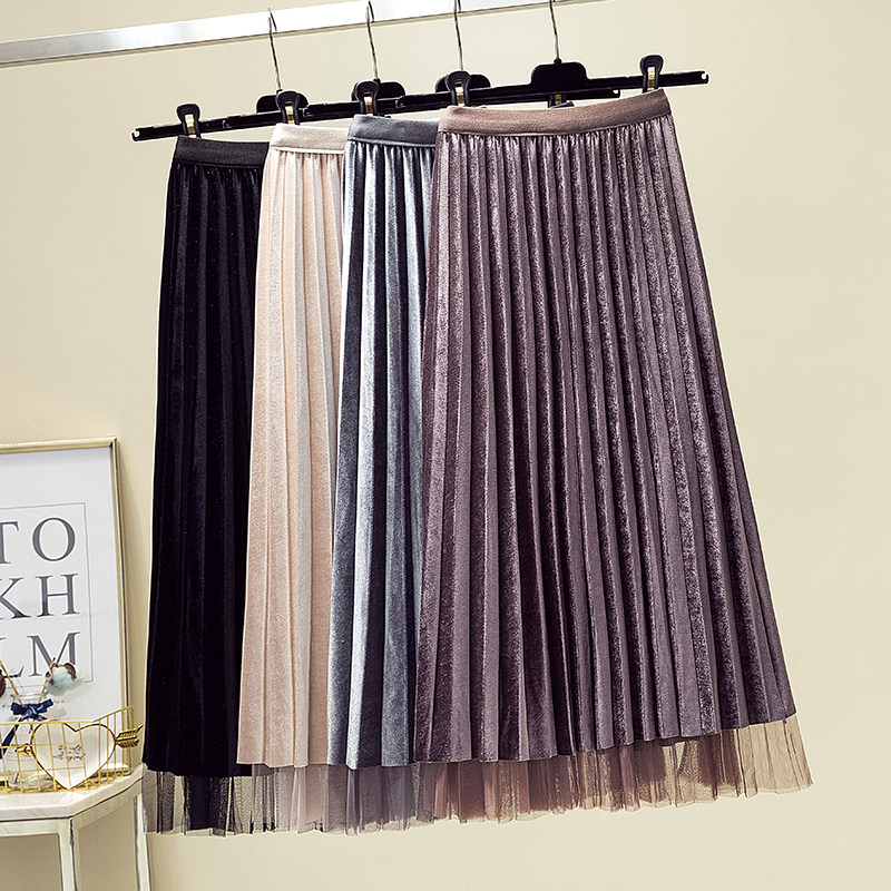 Two-sided gold velvet mesh skirt women's autumn and winter pleated skirt medium long high waist A- line skirt vintage gauze skirt