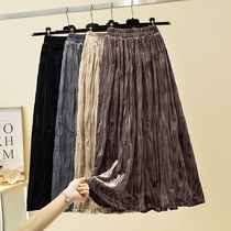 Golden velvet pleated skirt autumn and winter womens crotch skirt long high waist A- line dress Slim retro pleated skirt
