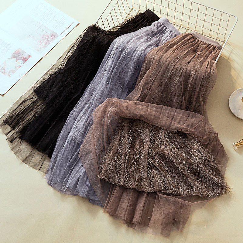 Net yarns Ins ultra-flavored half-body dress Autumn Winter Women in Korean version Long version a word long dress High waist conspicuated slim plexeback dress