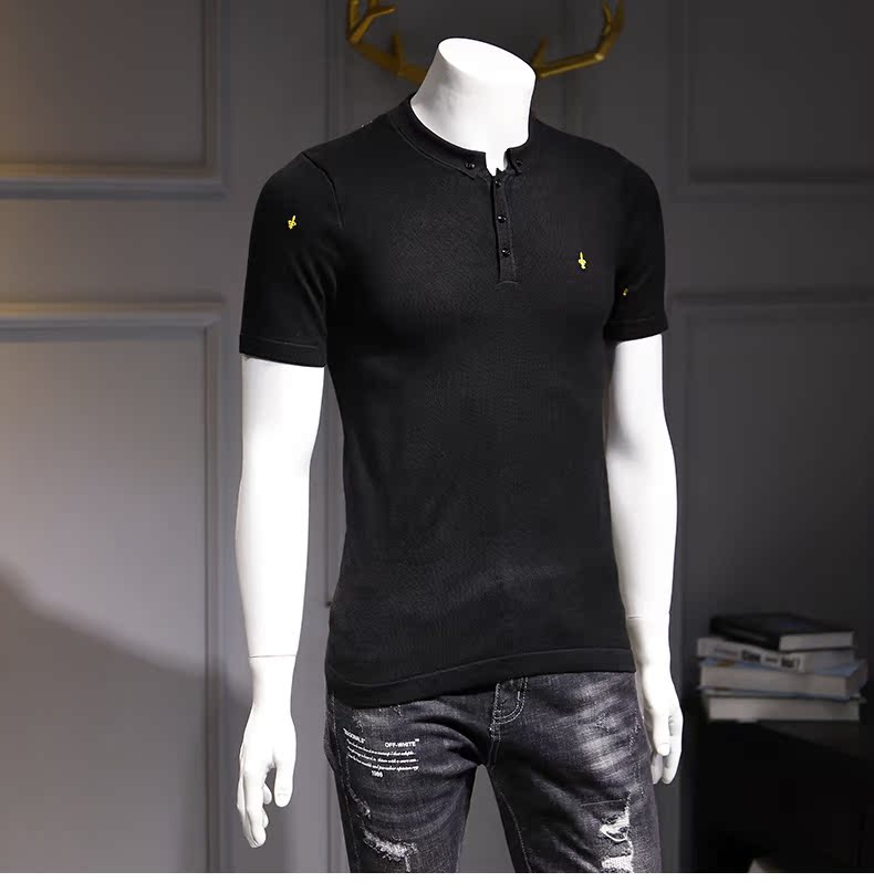 Ren Du mùa thu nam thêu áo len nam thời trang cá tính khóa cổ áo len ngắn tay áo sơ mi nam - Áo len cardigan nam