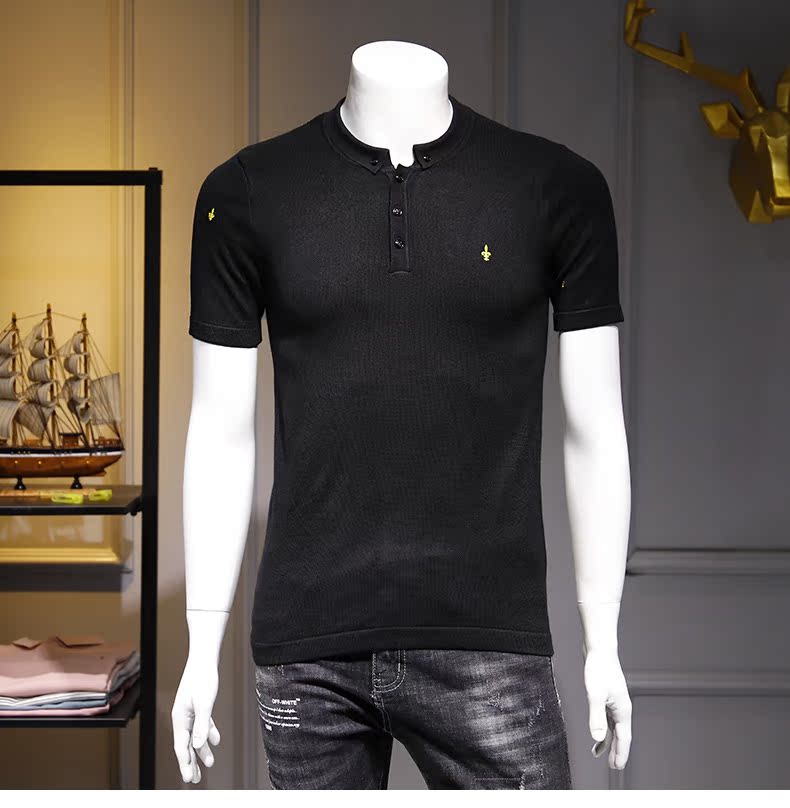 Ren Du mùa thu nam thêu áo len nam thời trang cá tính khóa cổ áo len ngắn tay áo sơ mi nam - Áo len cardigan nam