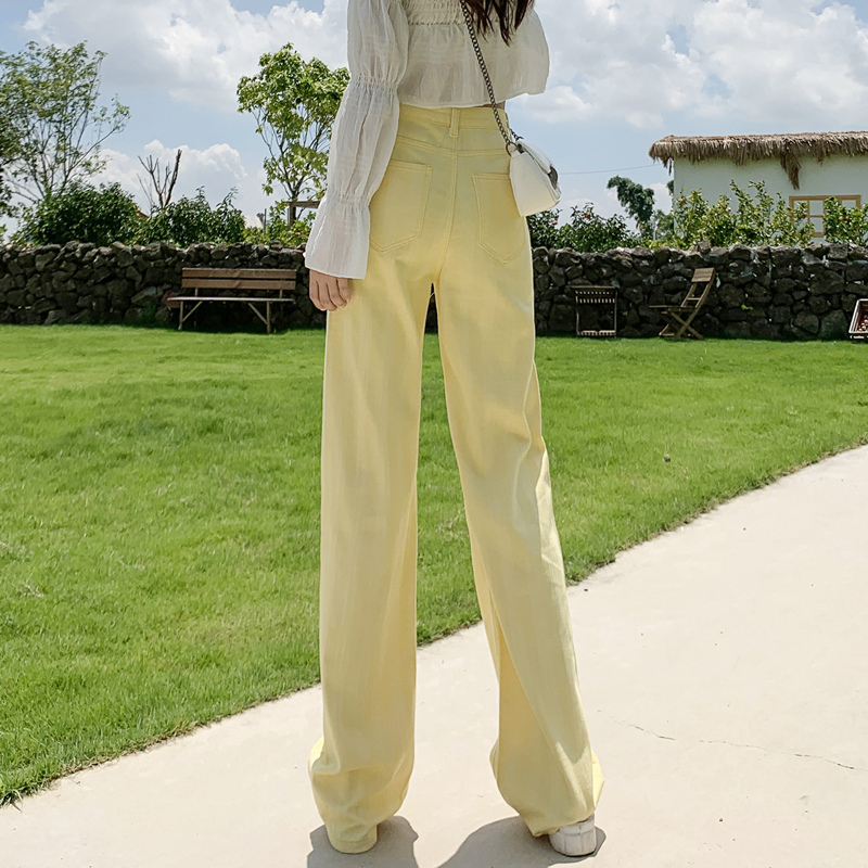 Narrow Yellow Straight-Leg Jeans for Women, Versatile, Slimming, Light-Colored, High-Waisted, Wide-Leg, Loose, Drapey, Floor-Length, Colorful, for Spring and Autumn