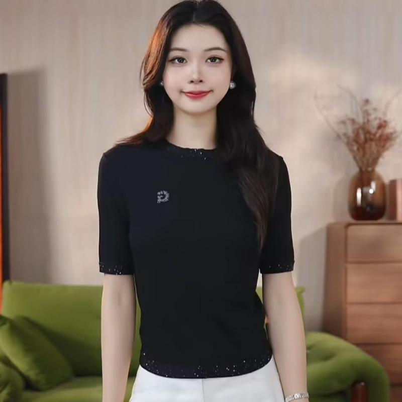 Amash Shopping Mall Same Style 2026 Summer New Black Slimming Round Neck Letter Sequin Short-Sleeved Knitted T-Shirt for Women