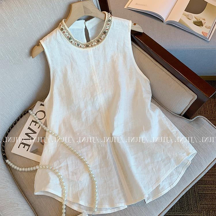 Recommended for Personal Collection~ White Linen Sleeveless Top for Women, New Summer Style with Unique and Stylish Design, Elegant Tank Top