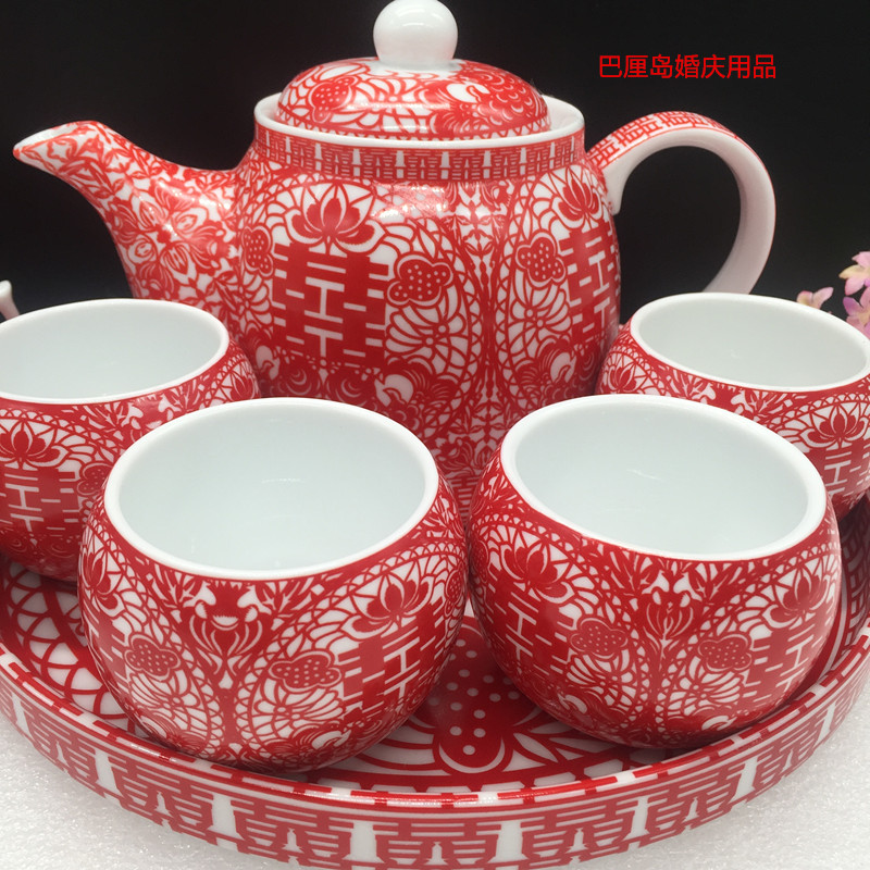 Wedding traditional festive supplies tea toast tea tea set bowl full set Guangliyuan produced ceramic tea set flag Pisces tea set
