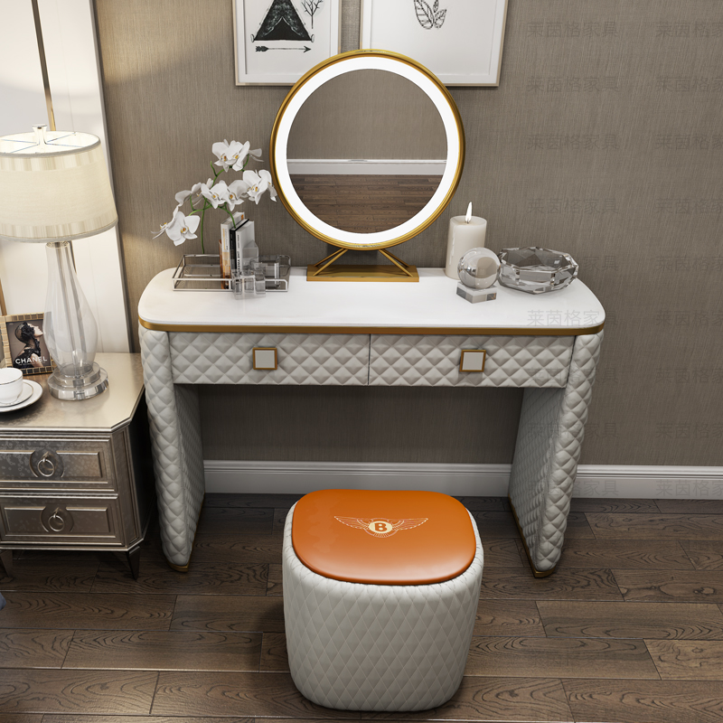 Postmodern light lavish minimalist marble leather Makeup Bench Mesh Red Ins and US-style Stainless Steel Bedroom Makeup Table