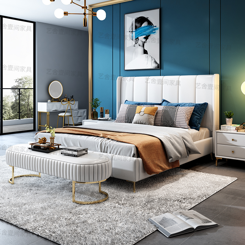 Light Extravagant Beds Ins Nets Red Genuine Leather Bed Bedrooms Modern Minimalist 1 8 1 5 m Master sleeper Nordic solid wood wedding bed