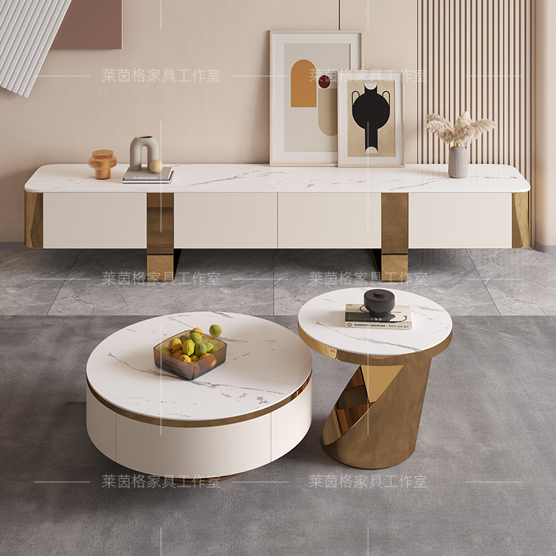 Bright Light Face Rock Plate Tea Table TV Cabinet Combination Round Size Family Type Stainless Steel Italian Style Light Lavish Minimalist TV Cabinet