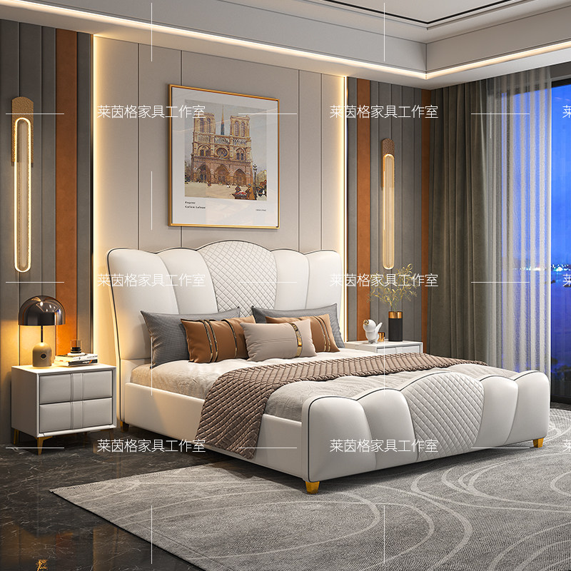 Light luxury leather double bed master bedroom postmodern 1 8 1 5 m bed Nordic simple solid wood soft bag ins net red bed