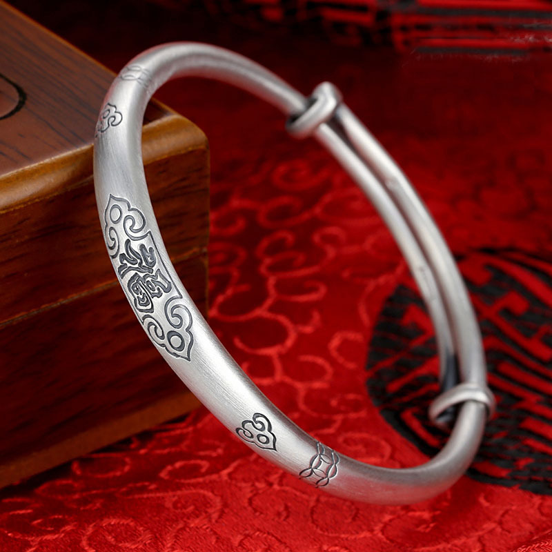 Official s999 pure silver bracelet female guffaforfu word solid push-pull foot silver delivery for elderly mother