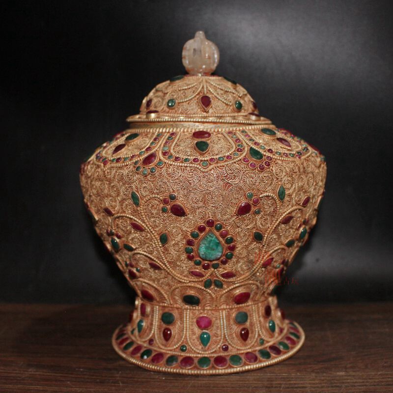 Tibet handmade Tibetan silver-white gold pinching process inlaid with natural amethyst jewel jar Tibetan