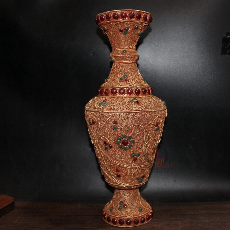 Nepalese pure handmade Tibetan silver vase pair of pinched silk inlaid jewel vase Home Decorative Gift Ancient Play collection