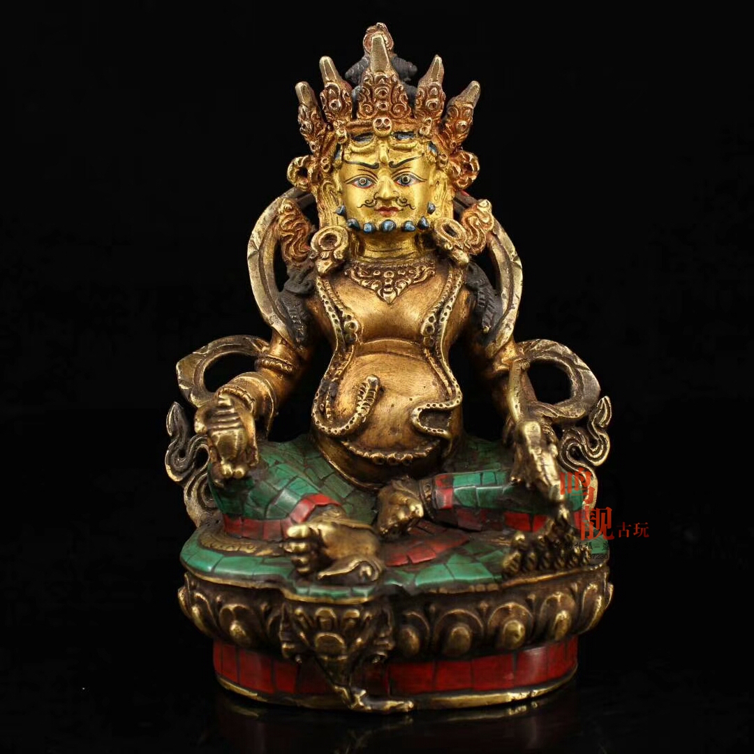 Nepal temple collection of old pure copper pure hand built with inlaid jewel painted sketching gold and treasure god huang Caishen