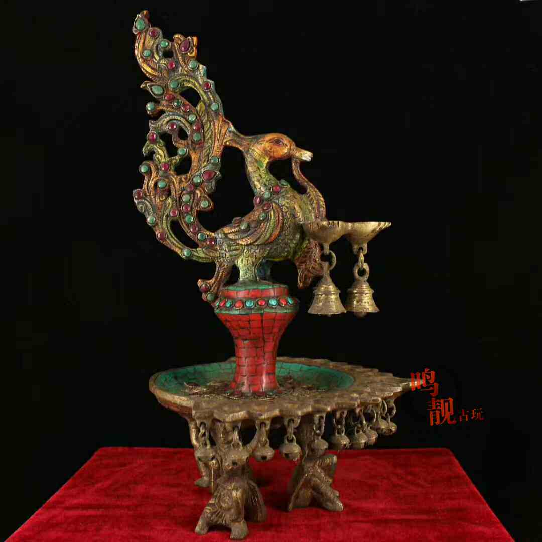 Nepal temple collection of old pure copper pure hand built with inlaid jewel painted phoenix oil lamp candle holder pair