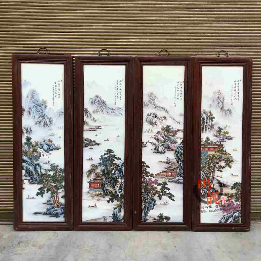 Antique Ceramic Plate Painting Collection of Collection Pink Camping Master Works Red Wood Inlaid Porcelain Plate Painting Pink Landscape hanging screen