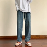 Ретро джинсы, флисовые штаны, в американском стиле, на шнурках, оверсайз, эластичная талия, свободный прямой крой