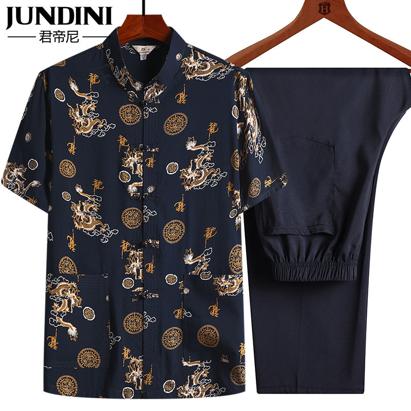 Middle Aged Seniors Don's Men Summer Short sleeves Chinese Wind Summer clothes 60-year-old Grandpa Dad Summer clothing cotton silk suit