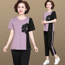 Middle-aged mother summer jacket temperament thin middle-aged sports suit female summer stitching short sleeve t-shirt two-piece set