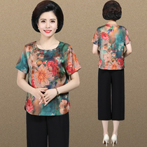 Mother summer dress chiffon shirt top two-piece foreign-aged women 50-year-old 60 middle-aged short-sleeved T-shirt set