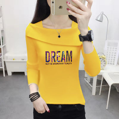 一字领T恤女韩版修身显瘦长袖打底衫