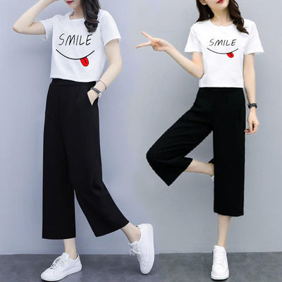 康礼夫纯棉上衣+九分阔腿裤套装女新款韩版夏季学生短袖T恤两件套