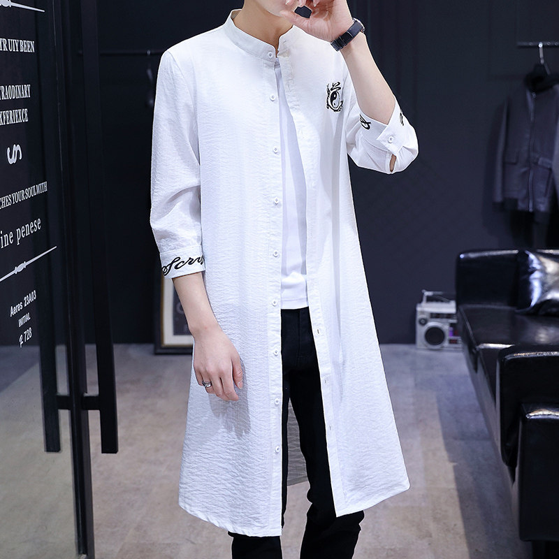Summer five-sleeve windbreaker men's extension over the knee cape handsome Chinese wind embroidered long shirt men's summer sun jacket