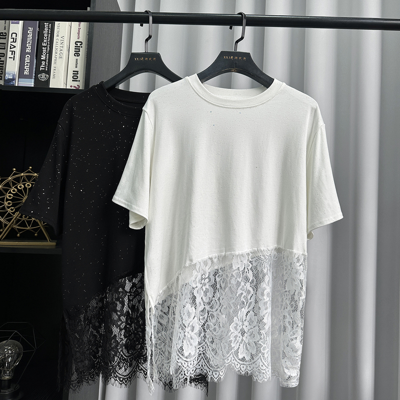 2026 Summer Women's New Versatile French Light Luxury Design T-Shirt with Patchwork Hollow Lace Crochet Top for Women