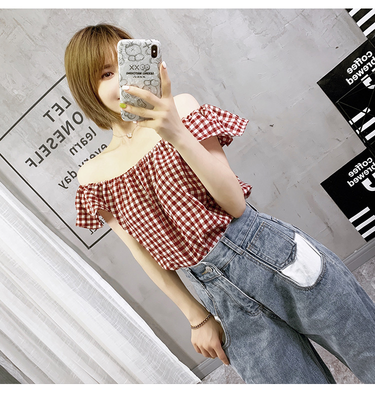 Áo nữ 2019 mới xù lên đỉnh tim máy kẻ sọc ngắn tay thiết kế ý nghĩa từ nhỏ vai nhỏ tươi mát - Áo sơ mi áo sơ mi nữ