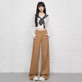 2026 Spring New Style High-Waisted Loose Slimming Wide-Leg Jeans for Women in Khaki Color with a Draping Effect Straight-Leg Long Pants