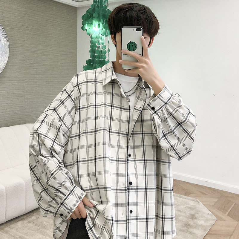 Plaid Long sleeves Shirt Men's Spring Autumn Season Port Wind Han Edition Loose Trend Shirt Student Casual Handsome air jacket jacket