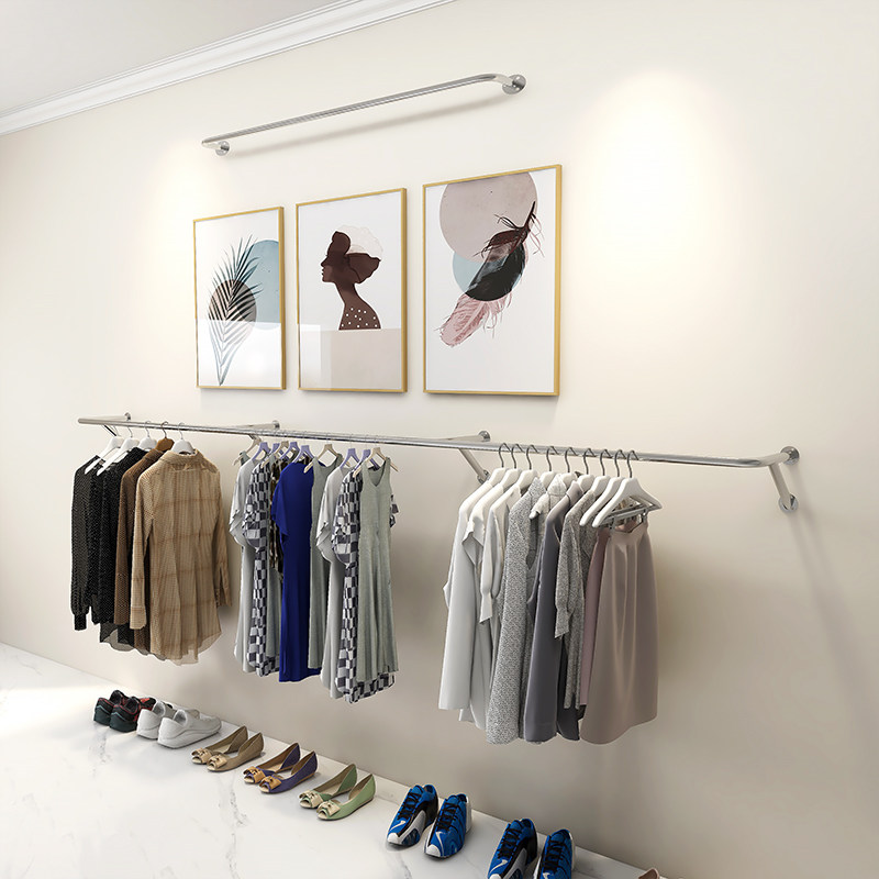 Clothing Store Show Rack Upper Wall Positive Side Wall Hung Hanger Women's Clothing Store Shelves Stainless Steel Hanging Clothes Rod wall hanging racks