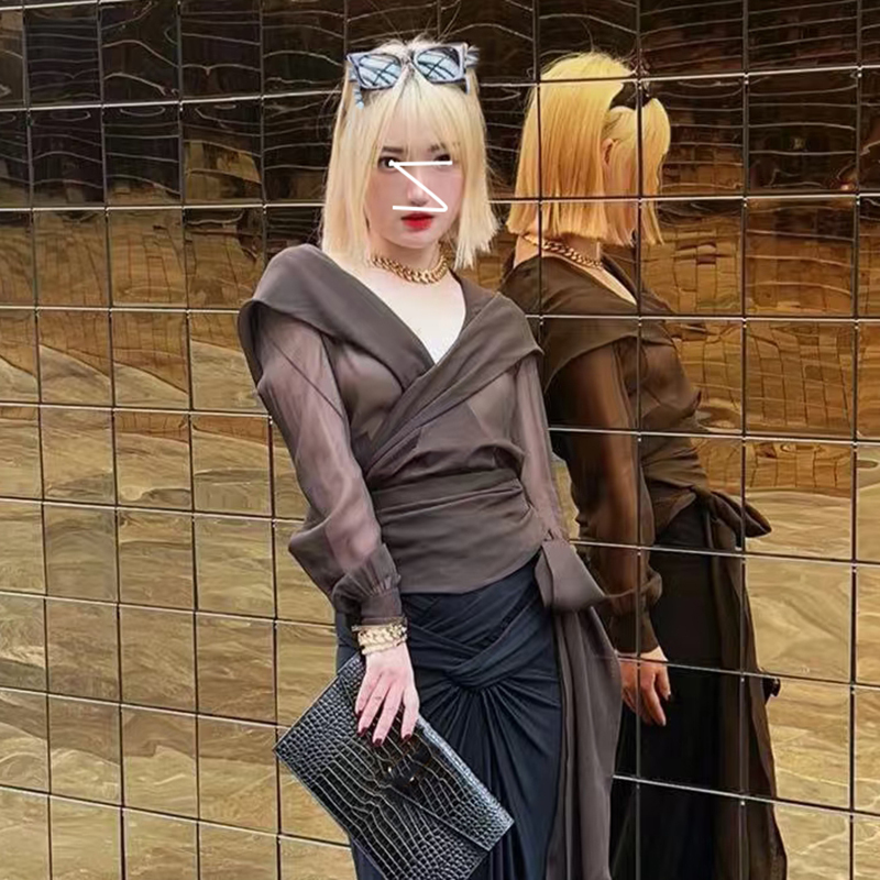 Western-Style Light Luxury Waist-Tie Long Ribbon Shirt, Spring French Simple Slimming Cross-Hooded See-Through Sun Protection Top